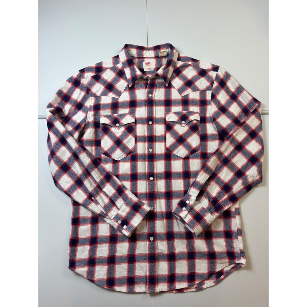 Levi's Flannel Pearl Snap Western Shirt Mens M Red White Blue Plaid Long Sleeve